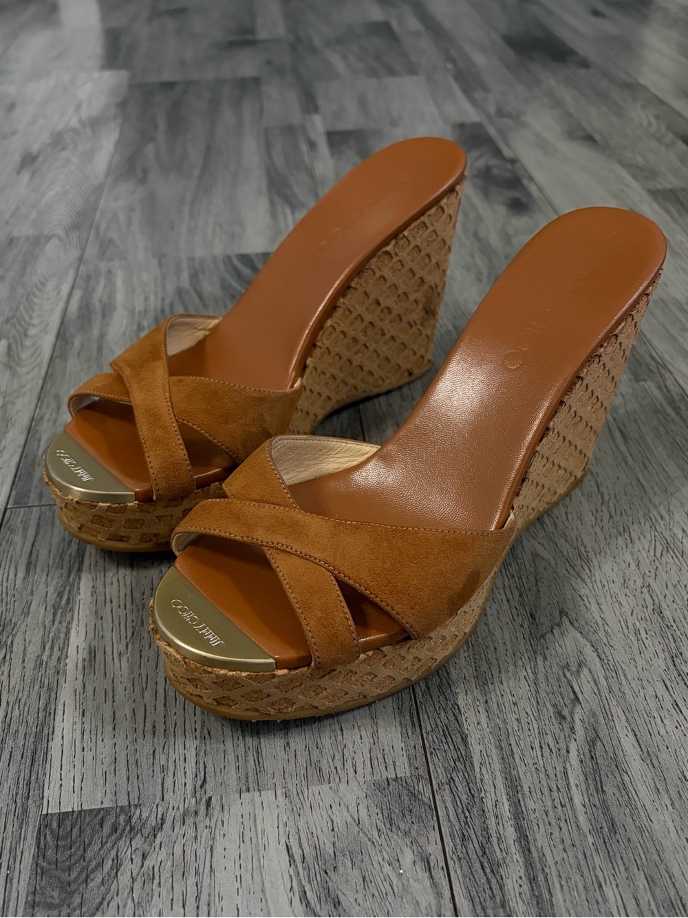 Jimmy Choo Cognac Suede Crisscross Wedge Sandals